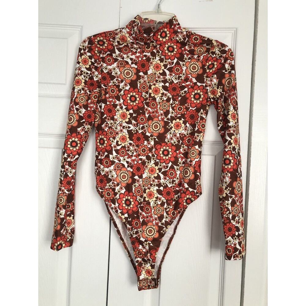 SHEIN Womens Floral Bodysuit Size Small Retro 70's Long Sleeve Boho Hippy Top